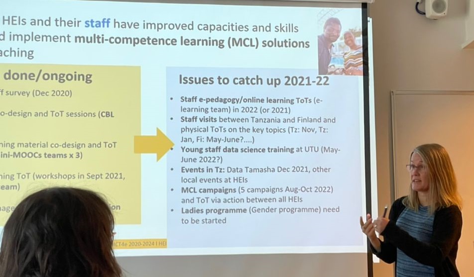 Picture shows Niina Käyhkö's presentation about the activities to ctach up in the project for 2021 and 2022, including e.g. trainings, events, and gender programme